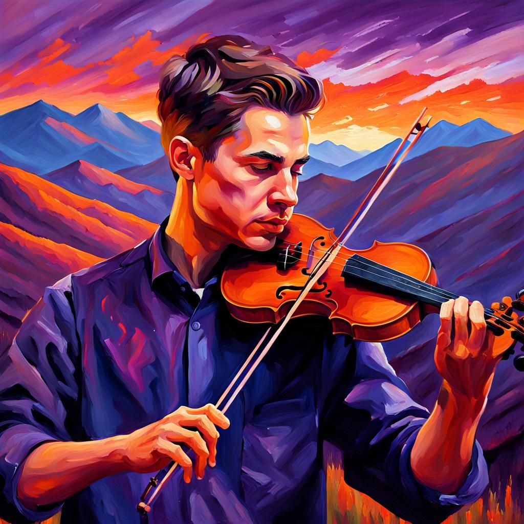 Man Playing Violin: Vibrant Oil Painting