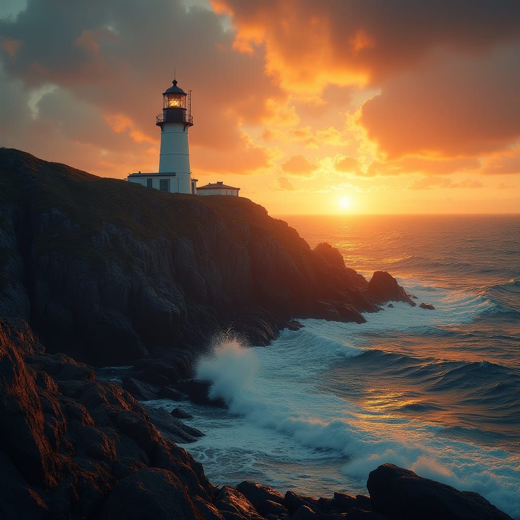 Lighthouse on Cliff at Sunset in Photorealistic Style