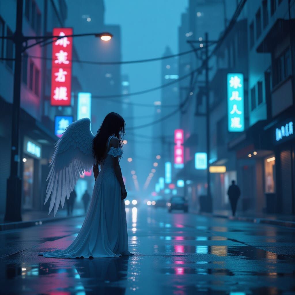 A lone Angel with tattered wings stands on a rain-slicked, n...