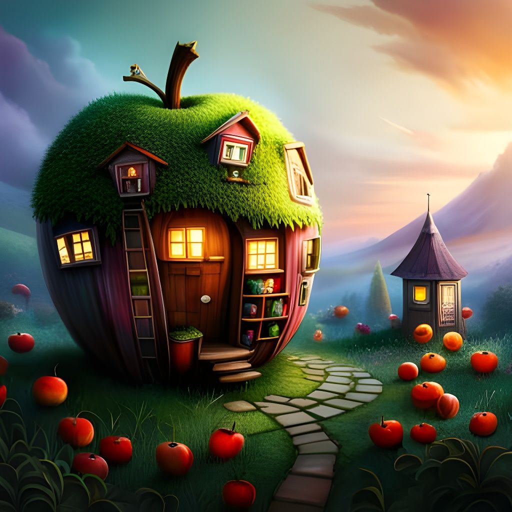 Fantasy Apple House with Cats in Magic Realism
