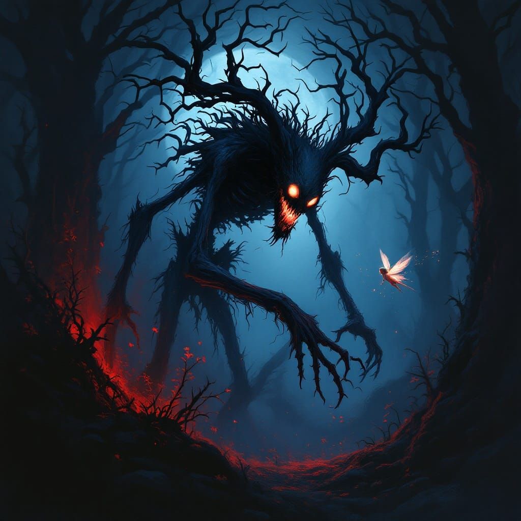 Wendigo Hunts Fairy in Dark Forest Concept Art