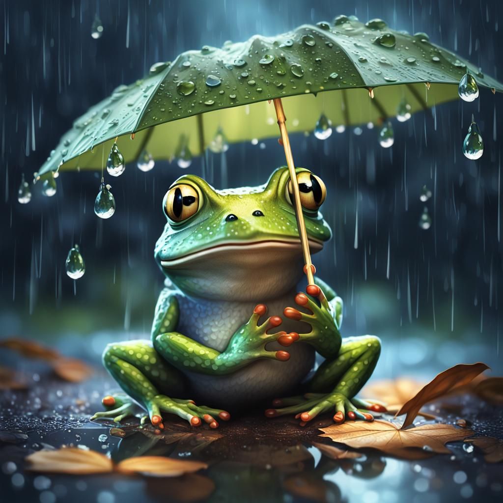 Cute Frog in Rain: Hyper-Realistic Digital Art