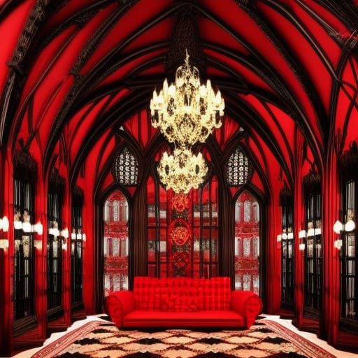 Black and red gothic vampire living room with gothic high ceiling and gothic Red chandelier and Black candles and gothic...