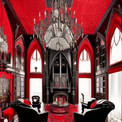 Black and red gothic vampire living room with gothic high ceiling and gothic Red chandelier and Black candles and gothic...