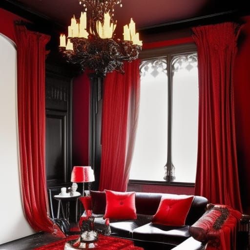 Black and red gothic vampire living room with gothic high ceiling and gothic Red chandelier and Black candles and gothic...