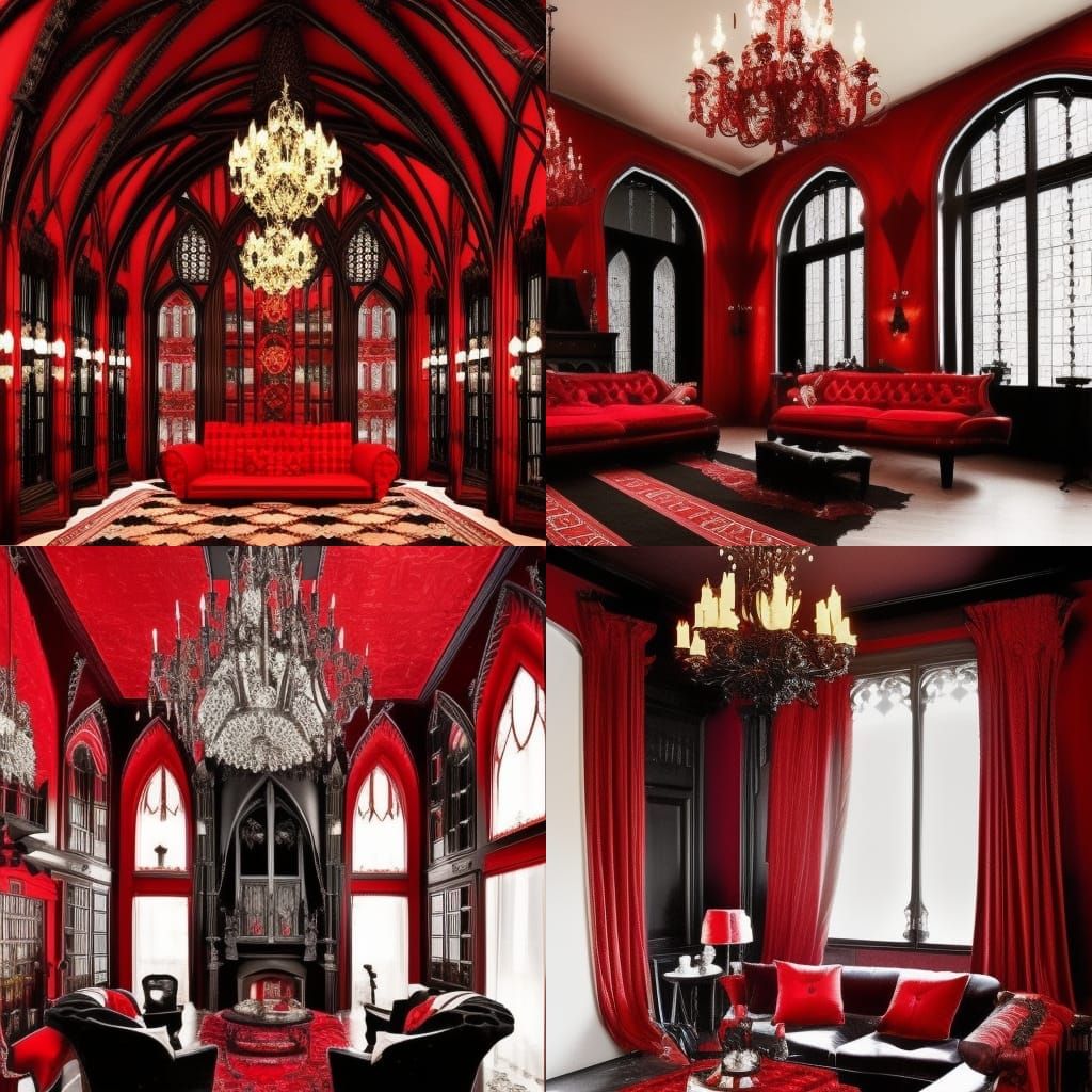 Black and red gothic vampire living room with gothic high ceiling and gothic Red chandelier and Black candles and gothic...