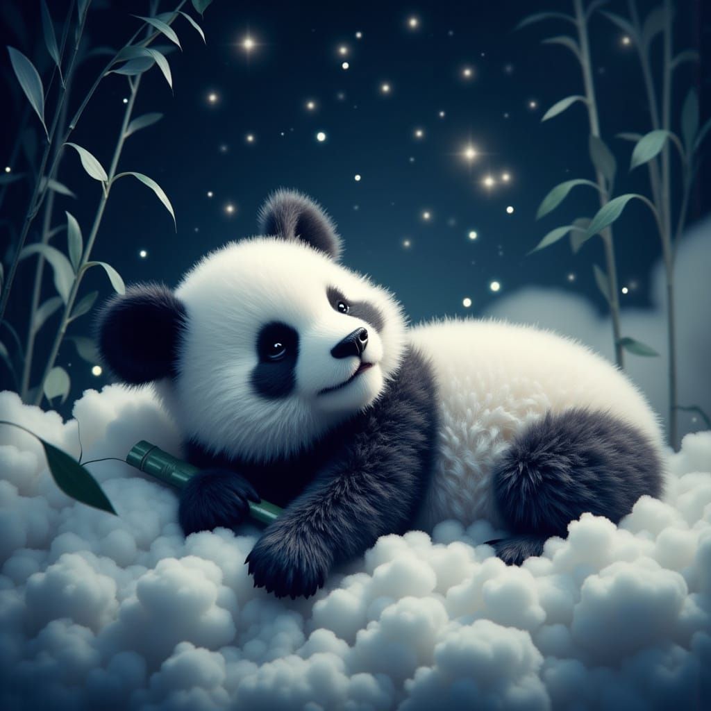 Surreal Baby Panda in Night Sky Scene with Whimsical Dreamli...