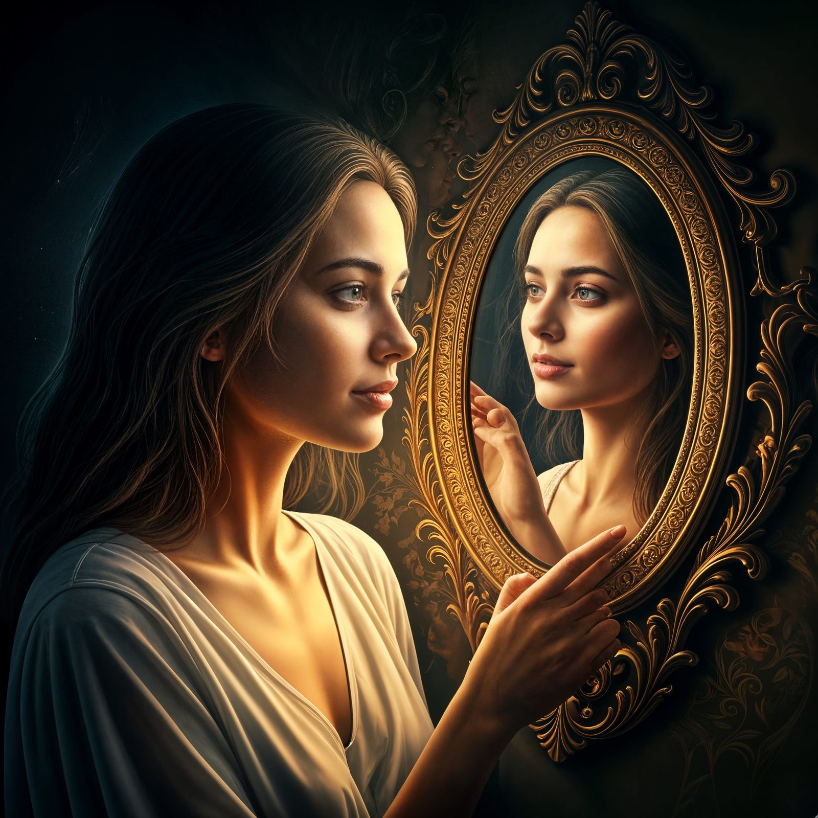 Surreal Droste Effect: Self-Loving Woman in Mirror