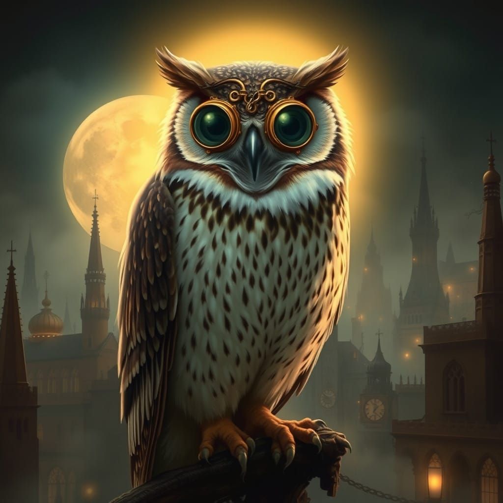 Majestic Steampunk Owl Amidst Victorian Cityscape