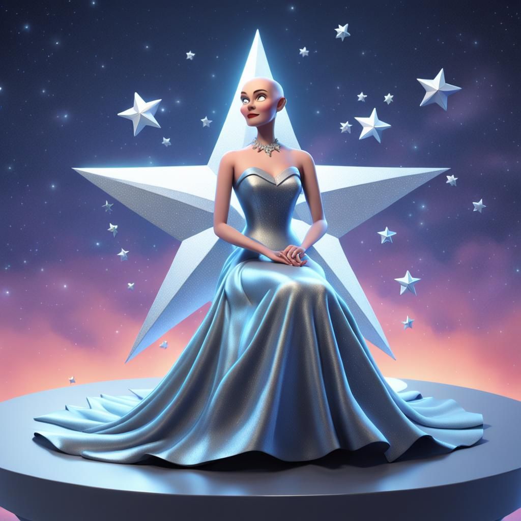 Bald Woman on Silver Star: 3D Digital Art