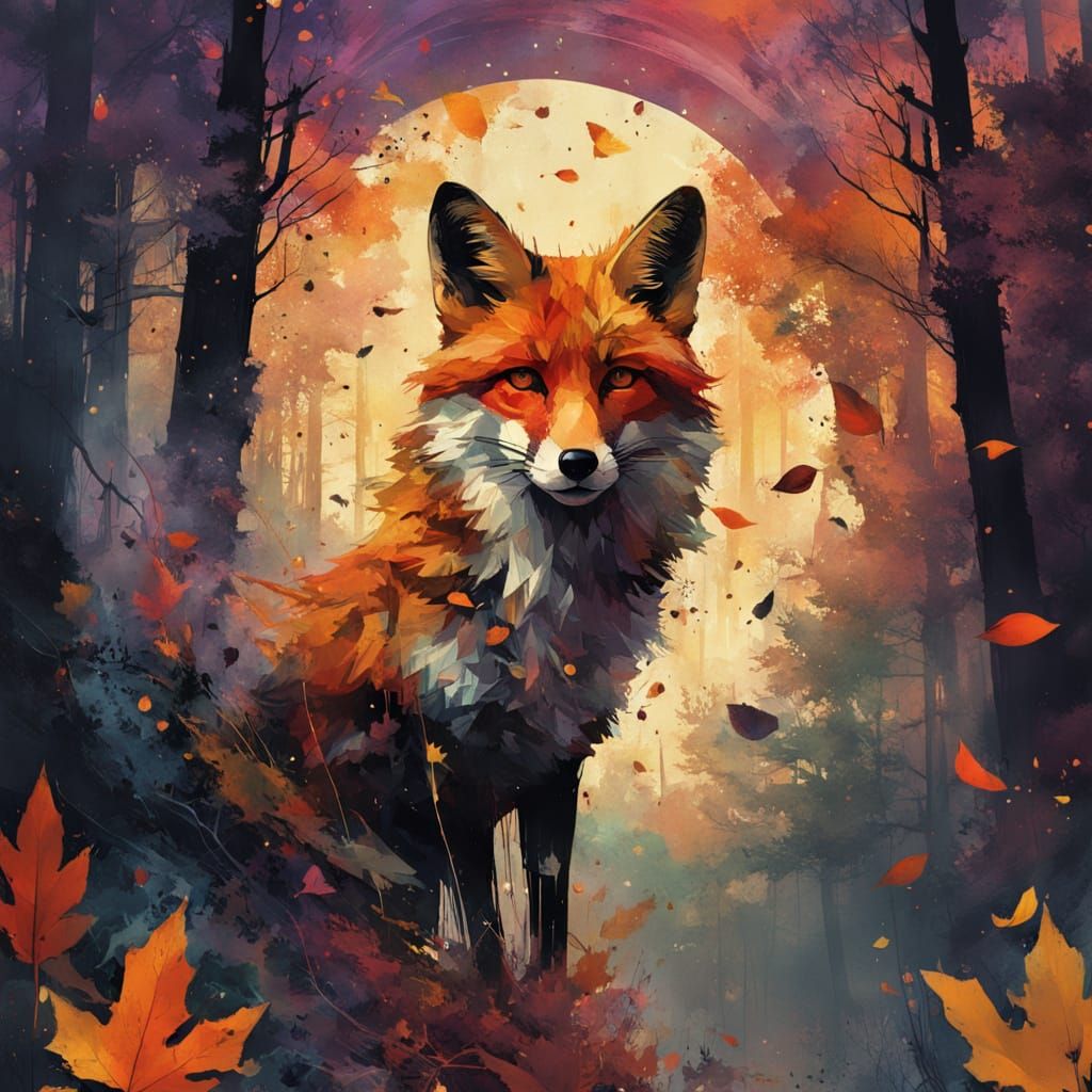 Cosmic Galaxy Drips Into Autumn Forest With Foxes