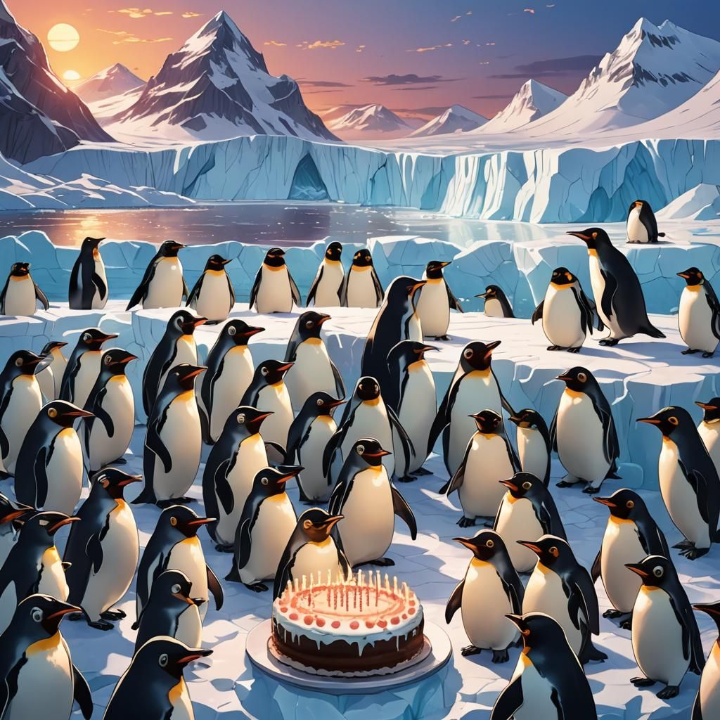 Penguin Birthday Celebration in Anime Style