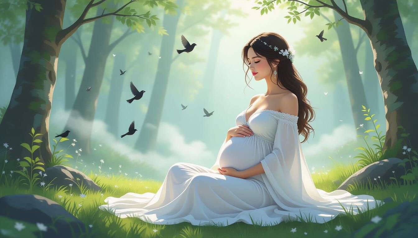Pregnant Woman Meditating in Misty Forest, Ethereal Aura