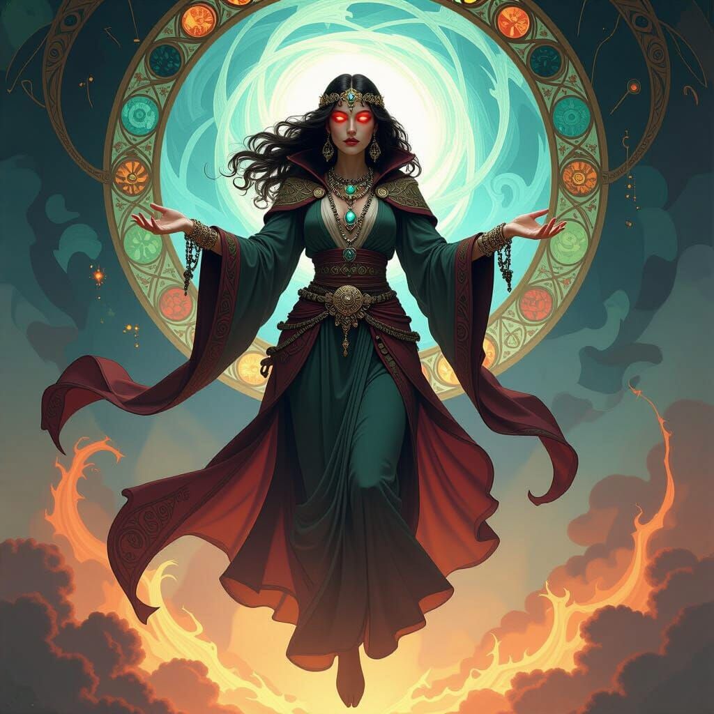 Mysterious Sorceress Above Arcane Vortex in Art Nouveau Styl...