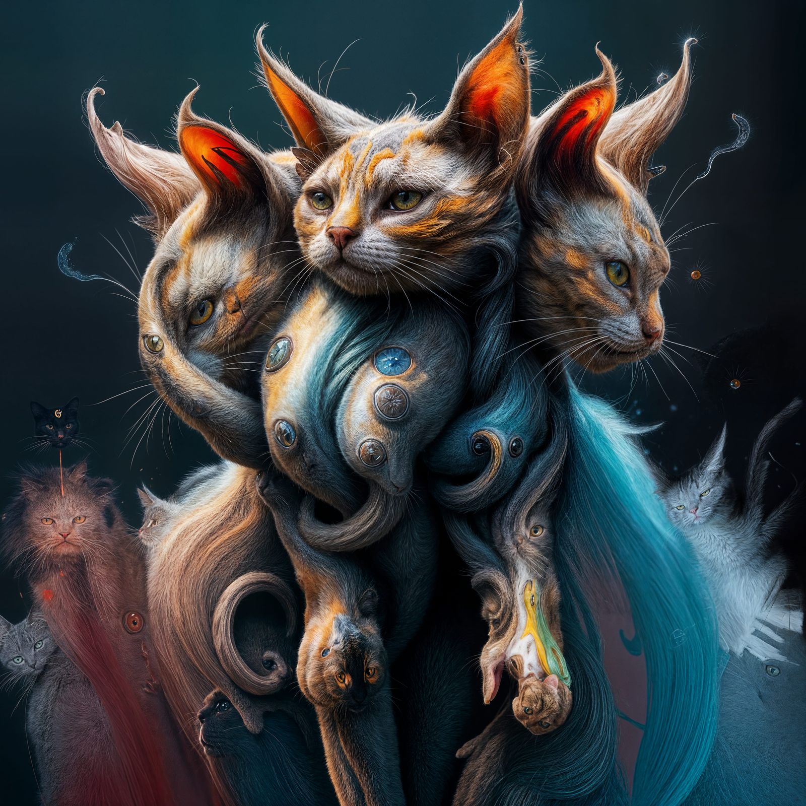 Three-Headed Cat Melted in Surrealist Art