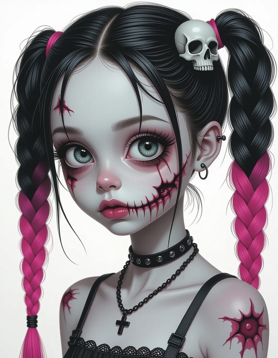 Creepy Zombie Girl with Braids in 3D Realism
