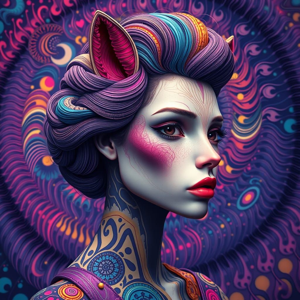 Psychedelic Woman in Dreamlike Fractal Spiral