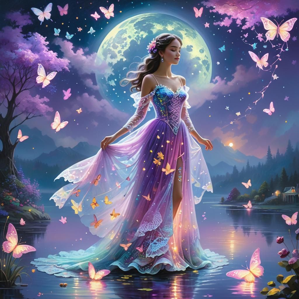 Woman in Fluorescent Lace Dress by Lake