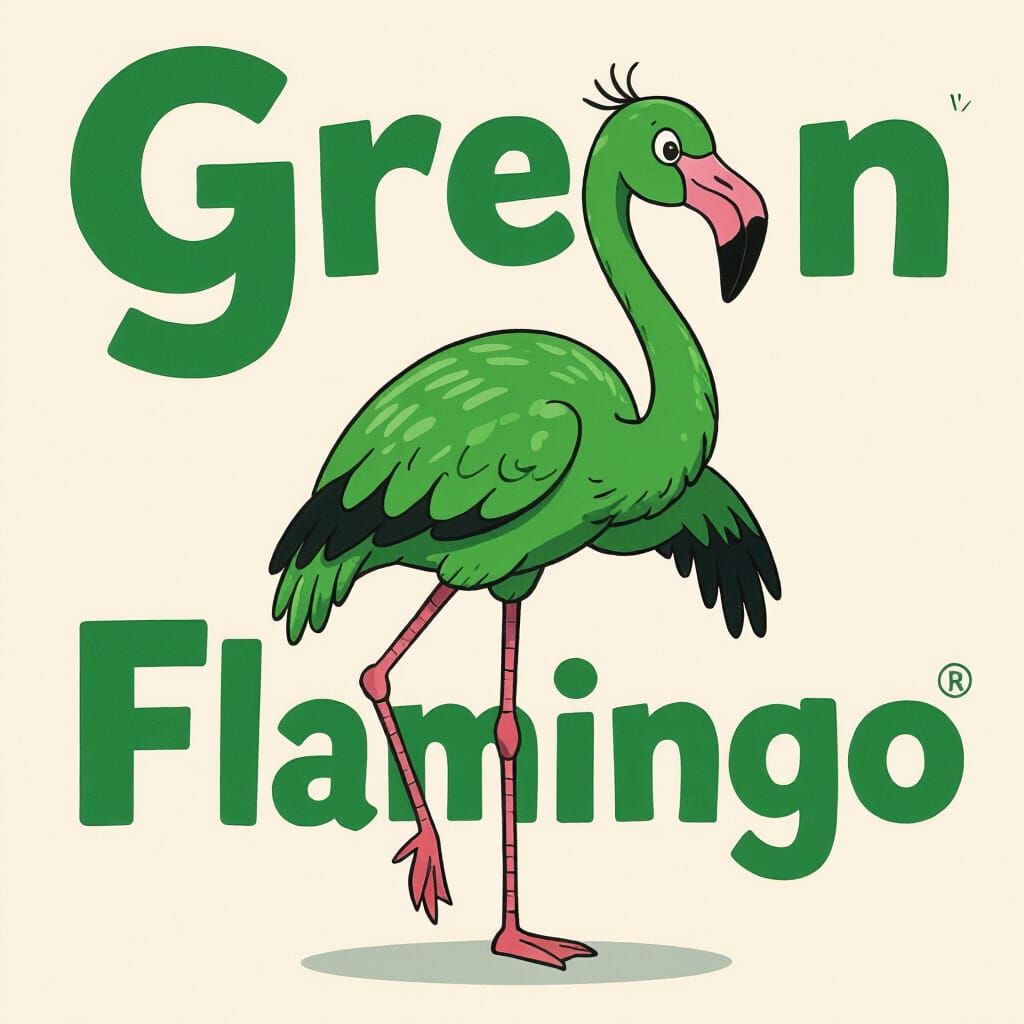 Cartoon Green Flamingo Illustration in Beatrix Potter Style