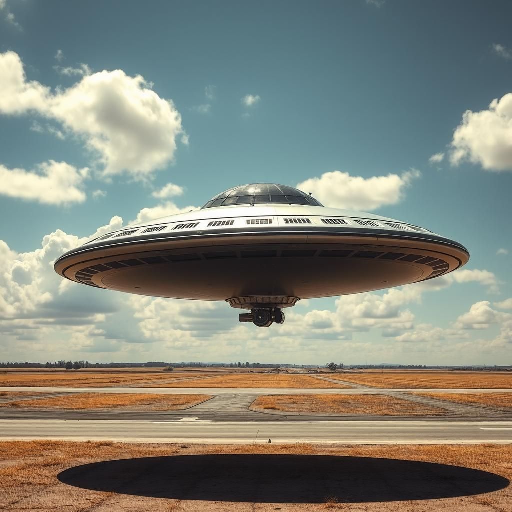 Sleek Flying Saucer Glides Above Deserted Airfield