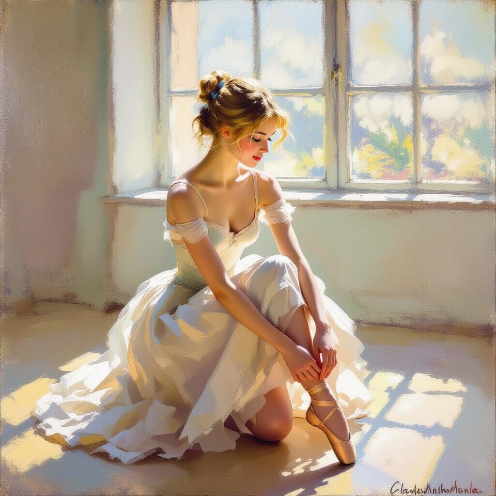 Ballerina Tying Shoe in Sunlit Studio - Impressionist Oil Pa...