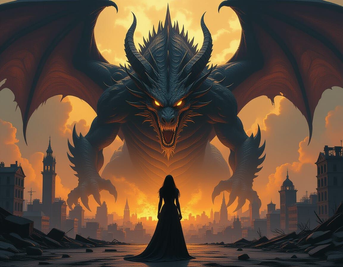 Heroine Faces Eldritch Dragon in Dark Fantasy Art