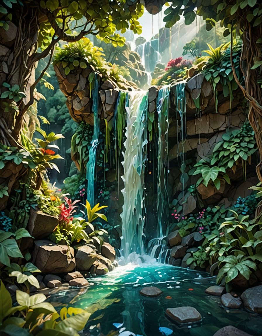 Opulent Glass Waterfall with Fiber Optic Patterns