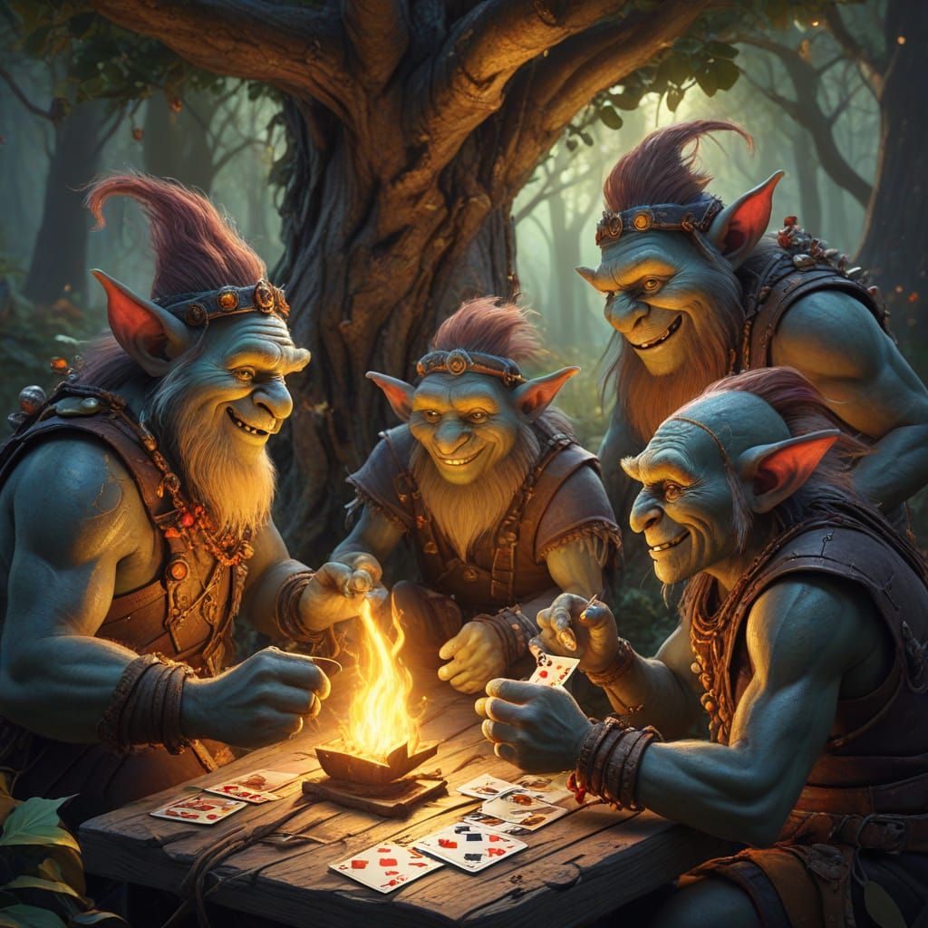 Trolls Playing Cards in Forest Clearing