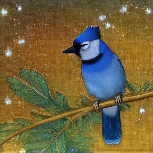 Blue Jay with Bioluminescent Feathers in Art Nouveau Style