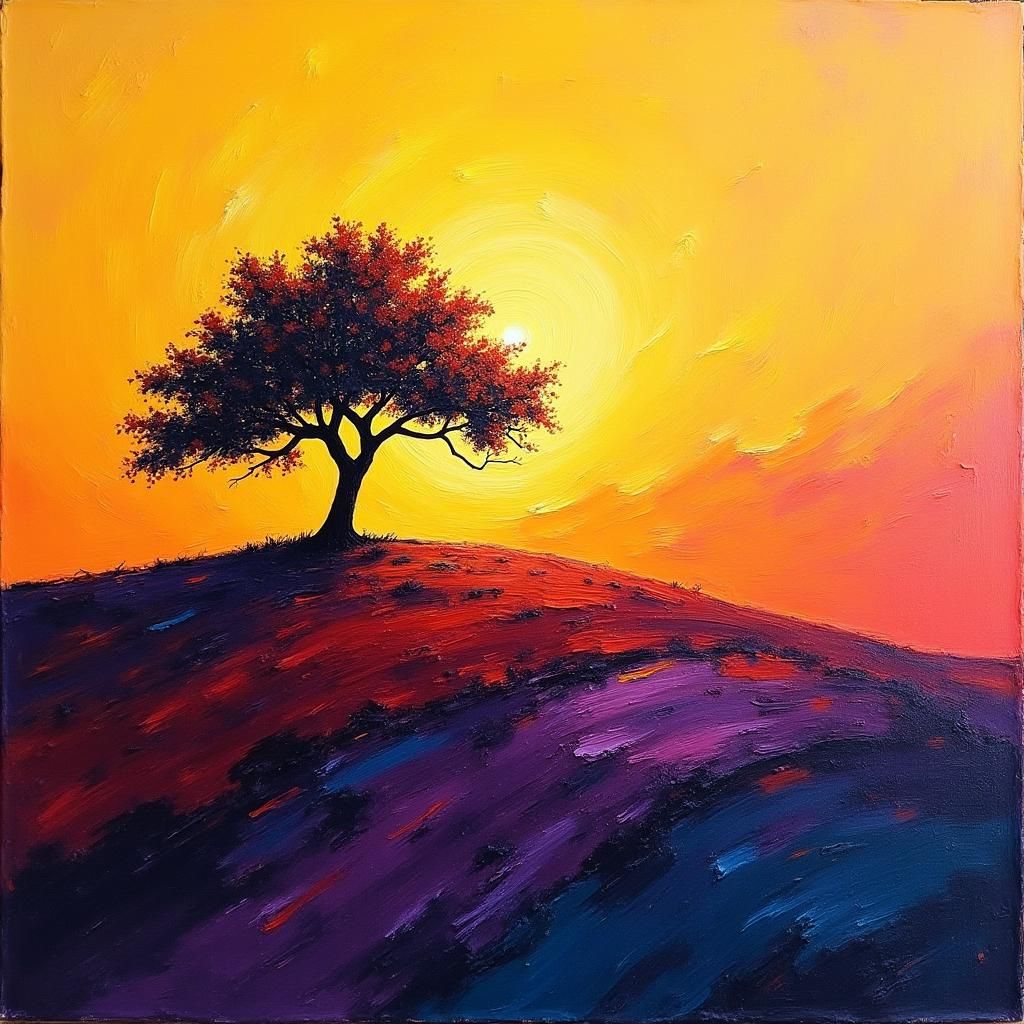Impressionistic Tree on Hillside with Swirling Brushstrokes
