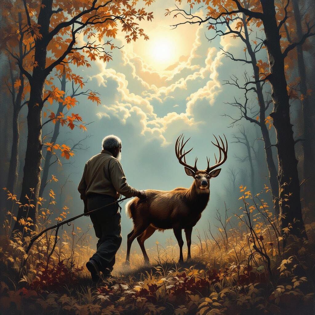 Elderly Man Ascends to Heaven with Deer