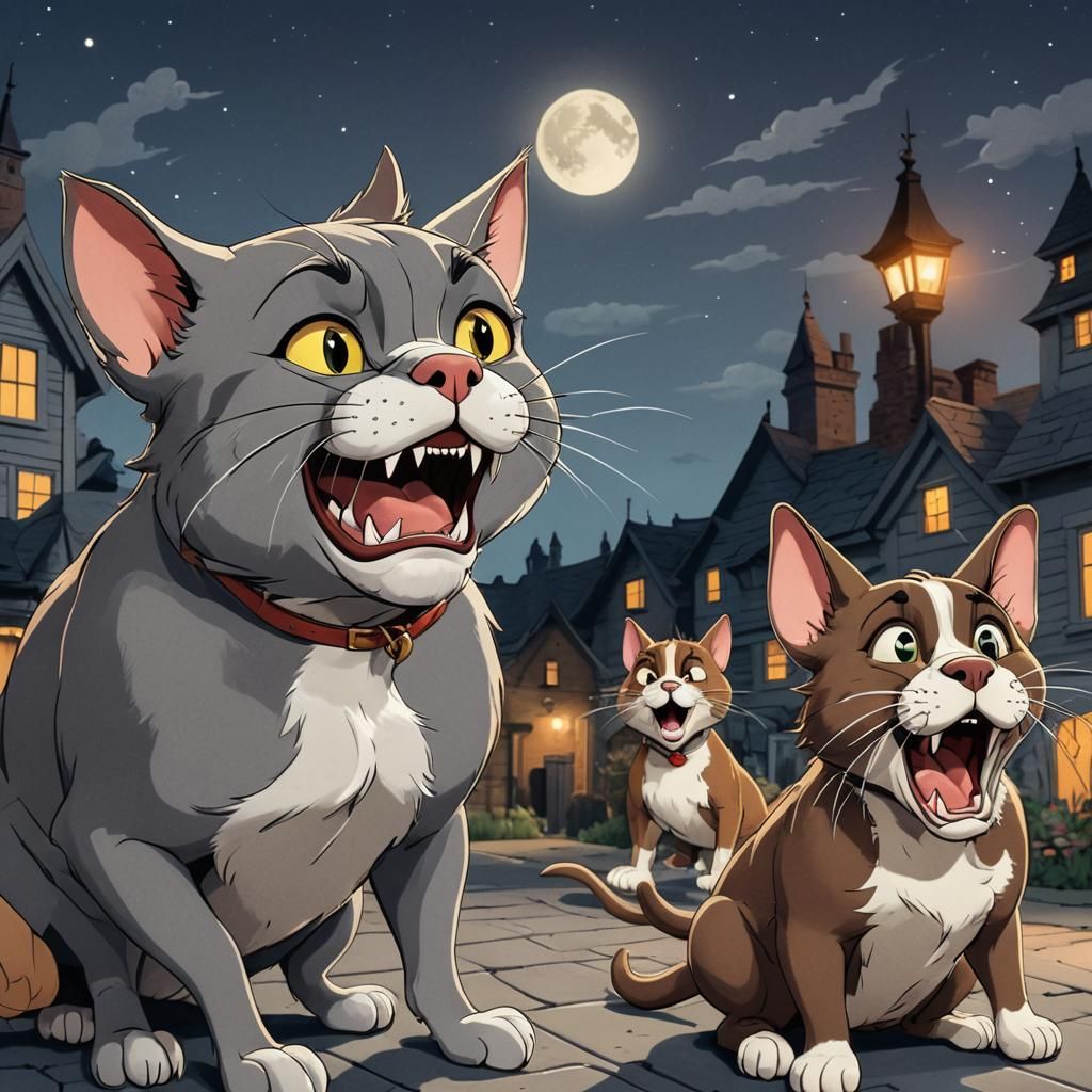 Classic Cartoon Scene: Cat, Mouse, and Bulldog