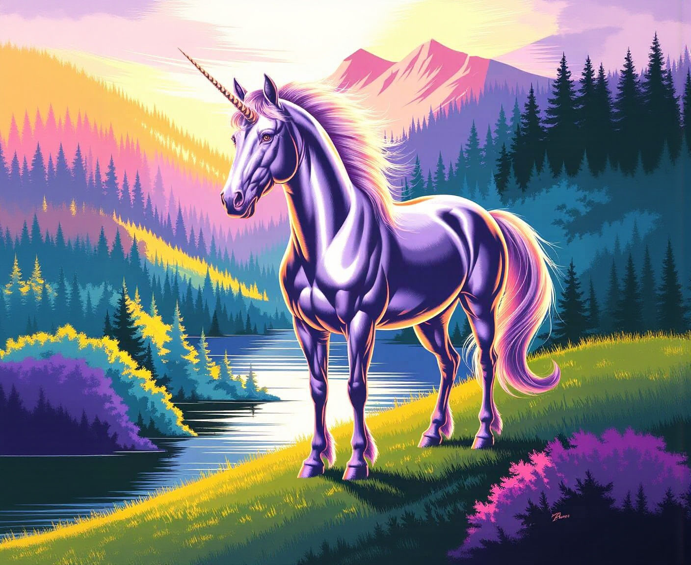 Golden Unicorn on Lush Hillside in Fantasy Style
