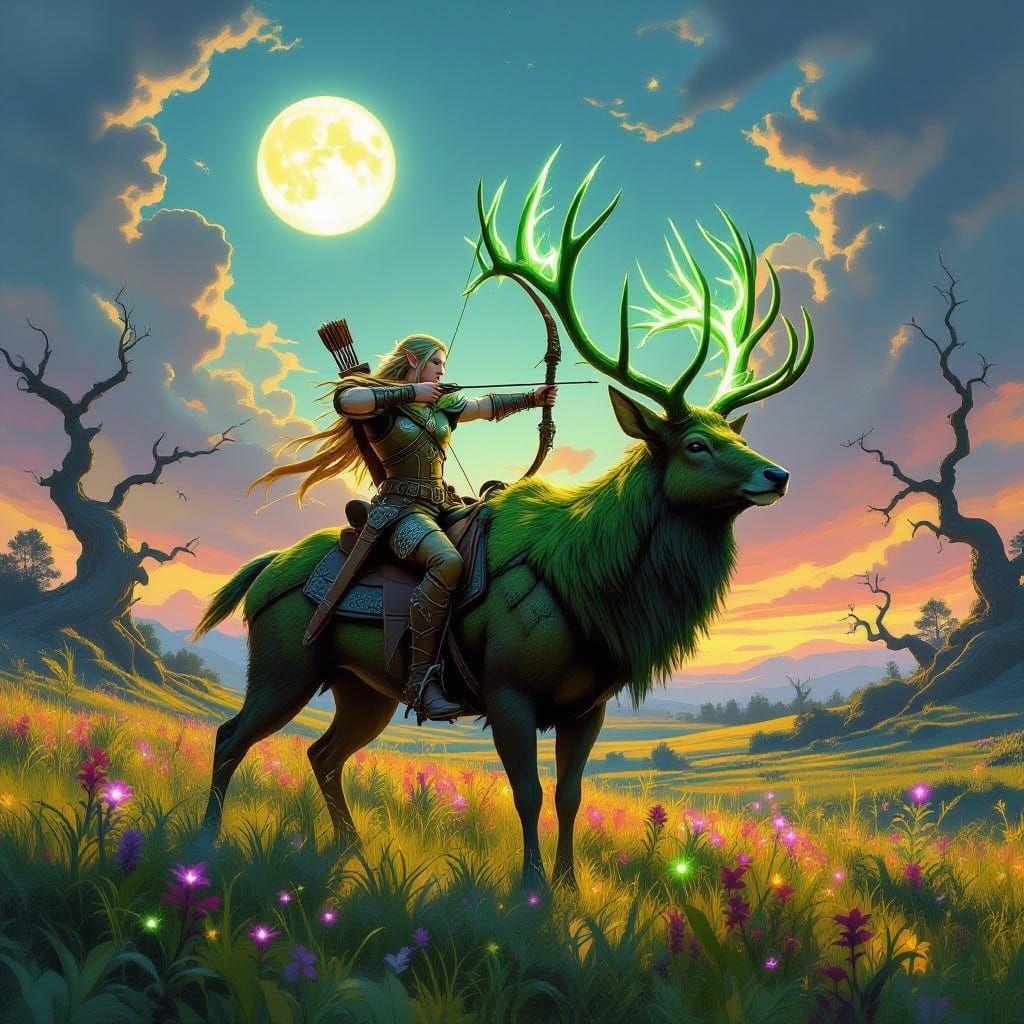 Elven Ranger Patrols Magical Prairie on Stag