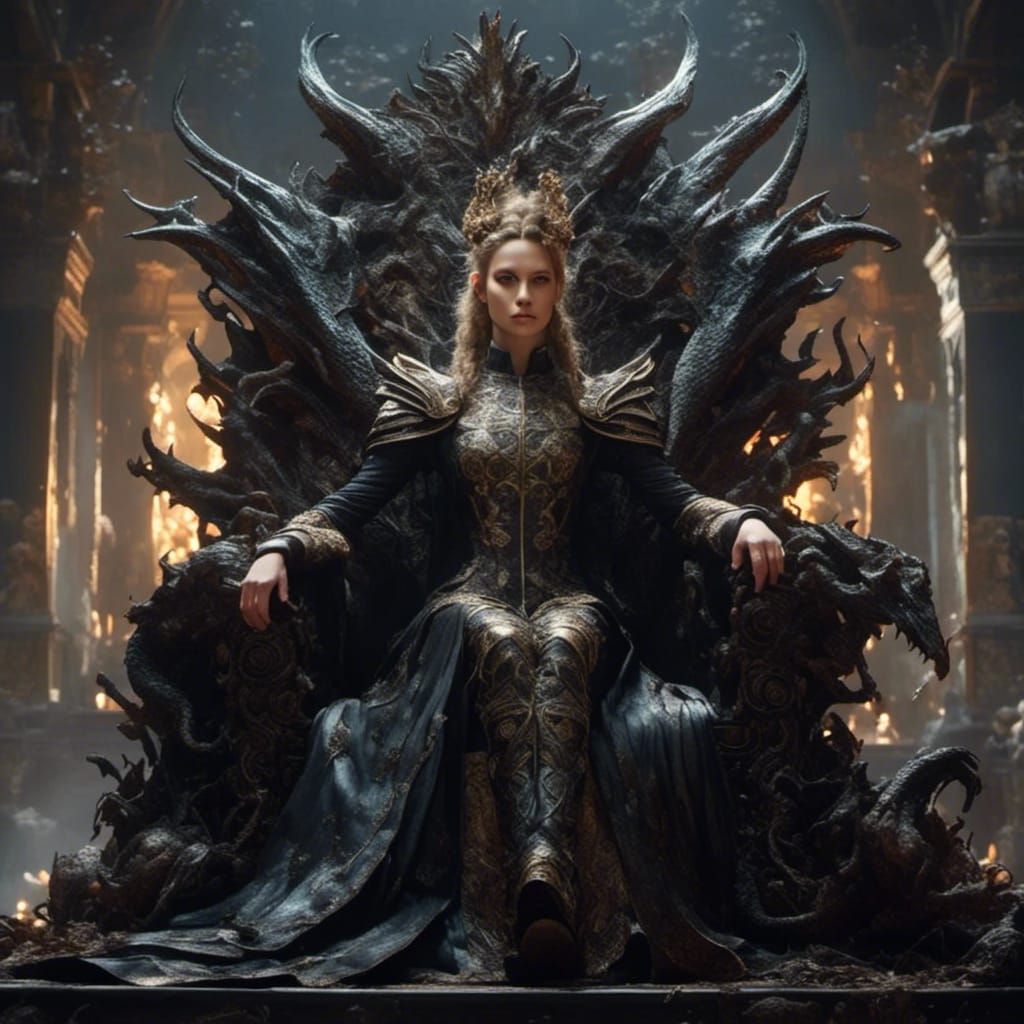 Dragon Queen on Throne in Dark Fantasy Style