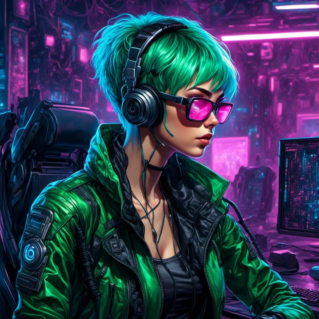 Cyberpunk Hacker Girl in Neon Synthwave Style