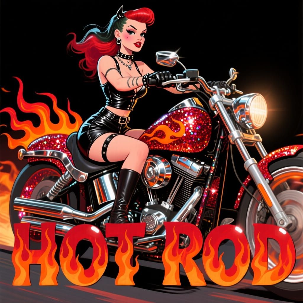 Punk Pin-Up Girl Rides Fiery Motorcycle