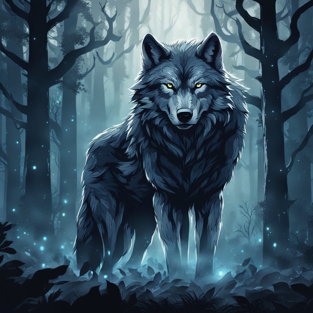 Mighty Wolf in Mystical Midnight Forest