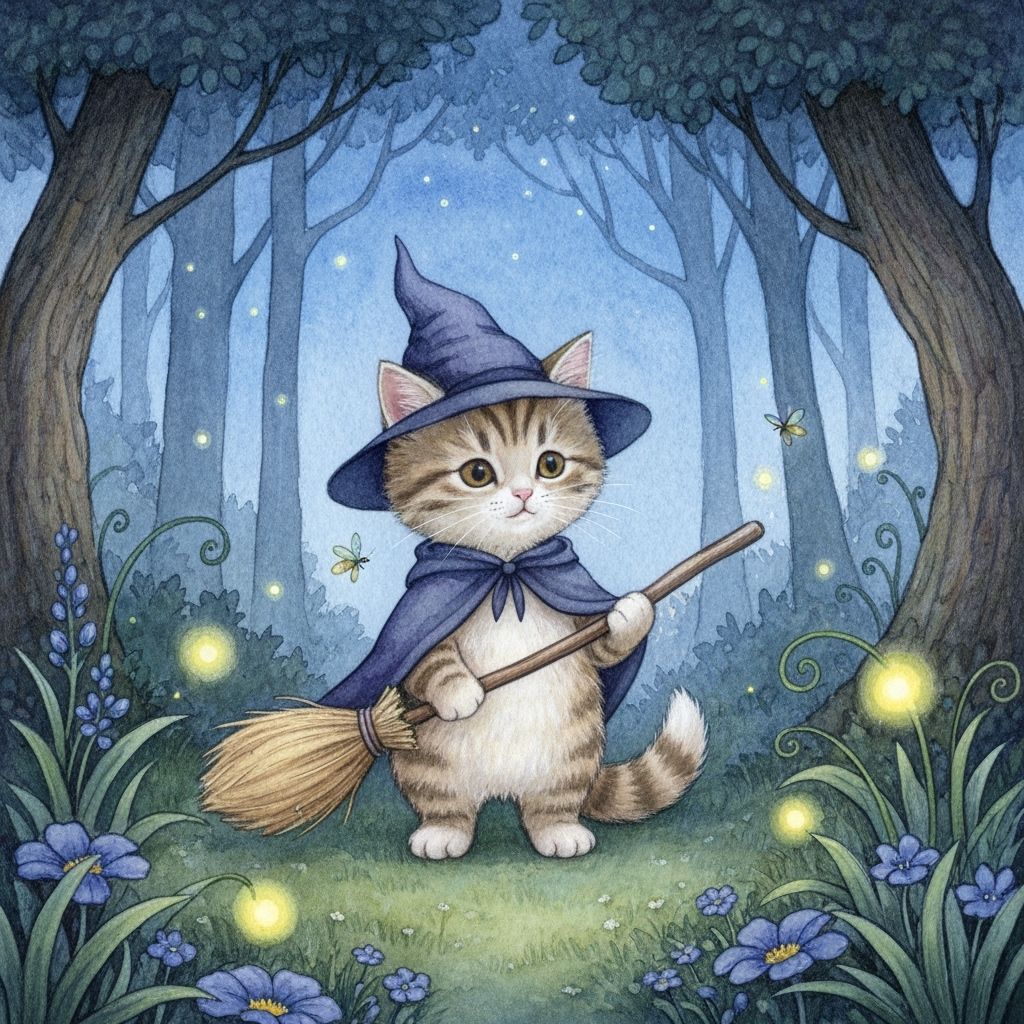 Cute Witch Kitten with Broom in Magical Forest