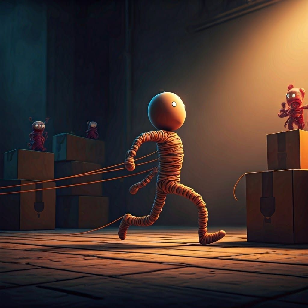 Whimsical String Puppet Unraveling: Colorful Digital Art