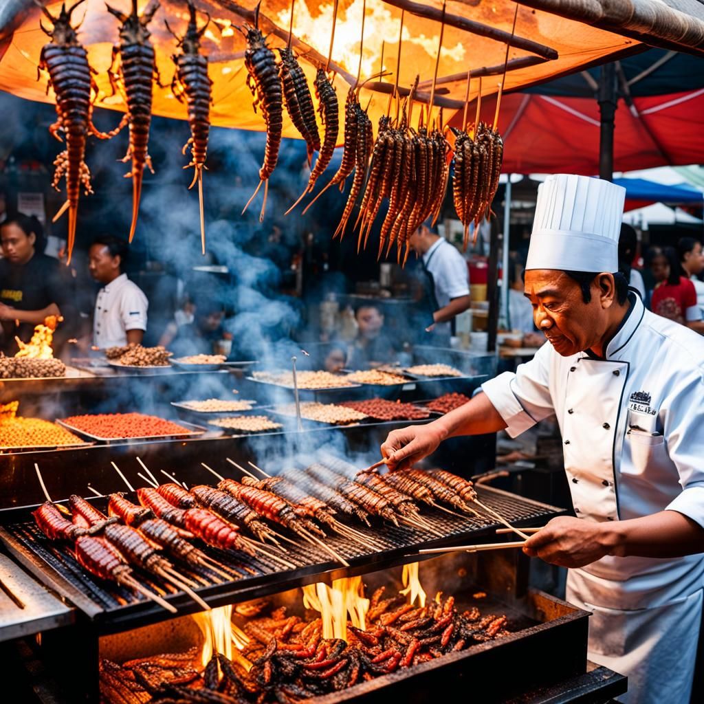 Hyper-Realistic Chef Roasting Scorpions at Market