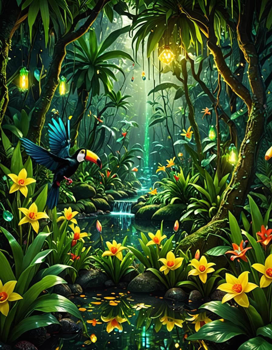 Neon Amazon Rainforest at Night: Glass Art