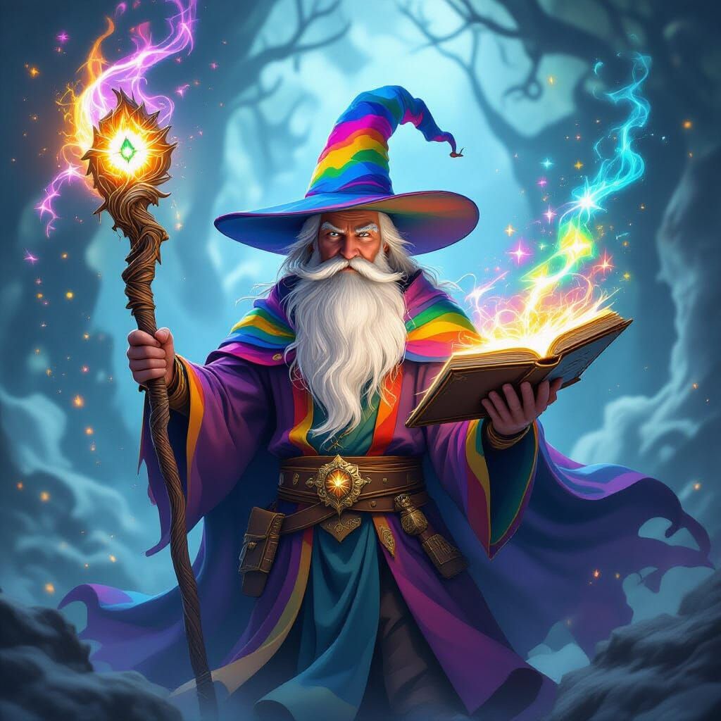 Mage with Rainbow Attire and Dragon Eye Staff