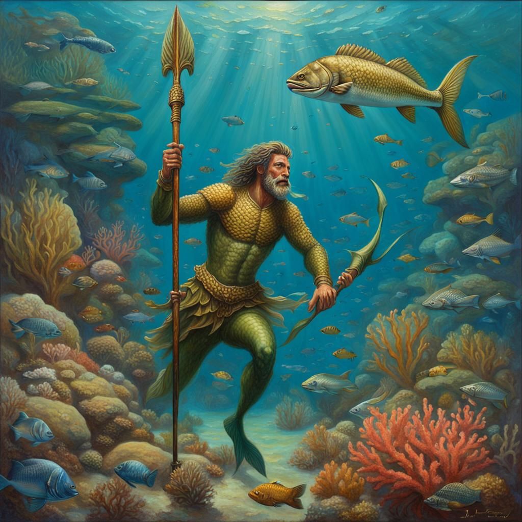 Merman Hunting on Coral Reef, Oil Painting