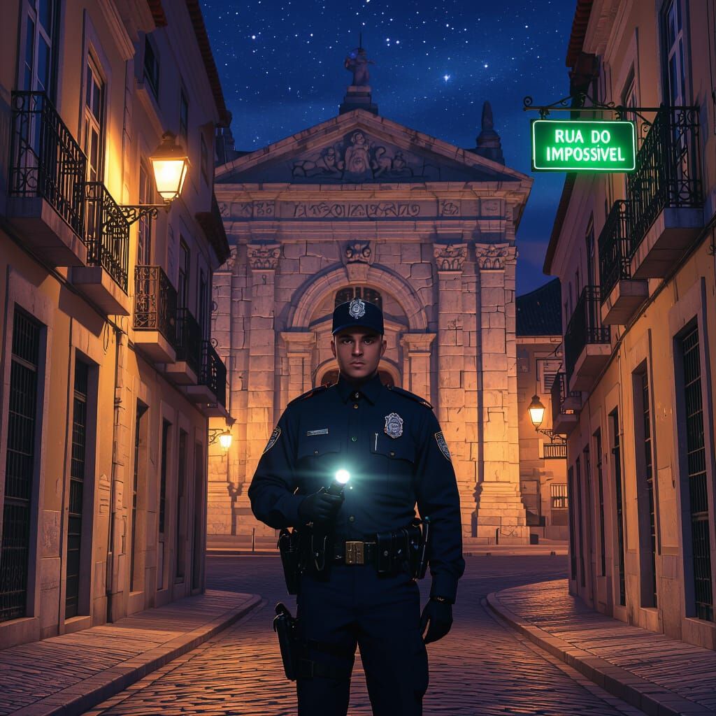 Lisbon Night Scene: Security Guard in a Cinematic Style