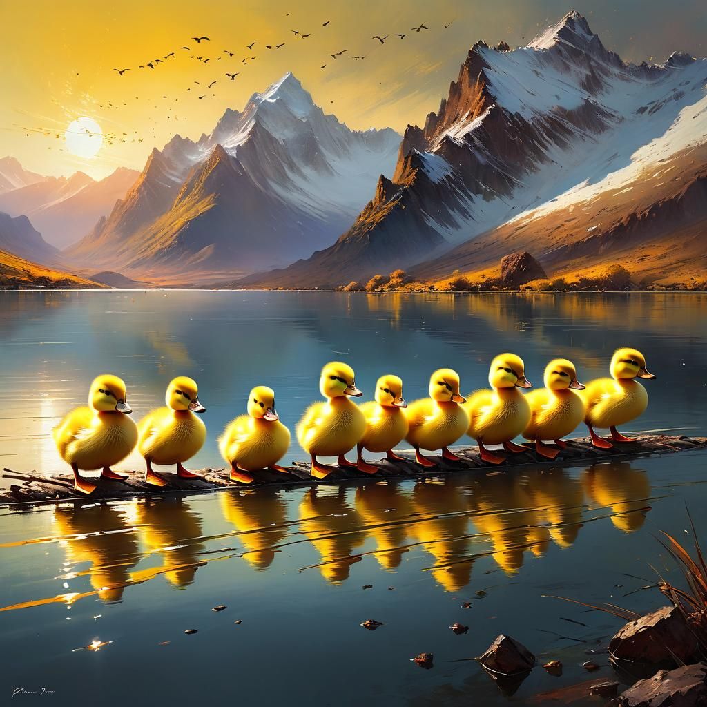 Baby Ducklings at Sunset: A Detailed Digital Painting