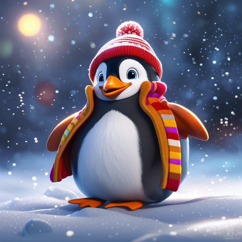 Penguin with Stocking Cap in Snowy Scene