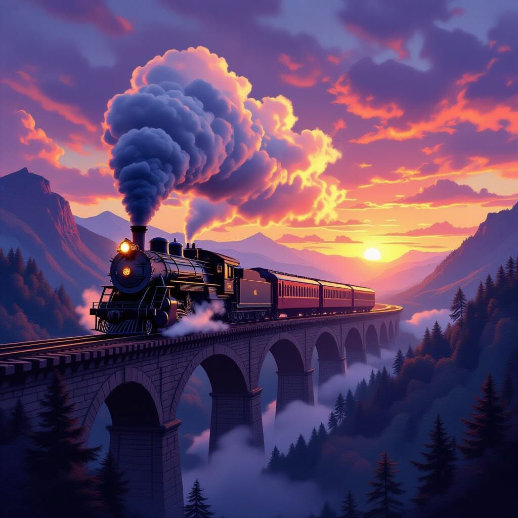Majestic Steam Train Crosses Grand Bridge at Sunset