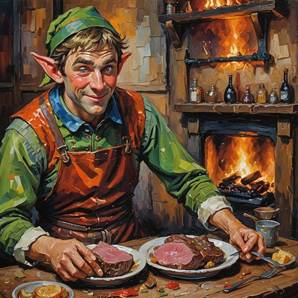 Elf Enjoys Roast Beef as Impasto Oil Painting