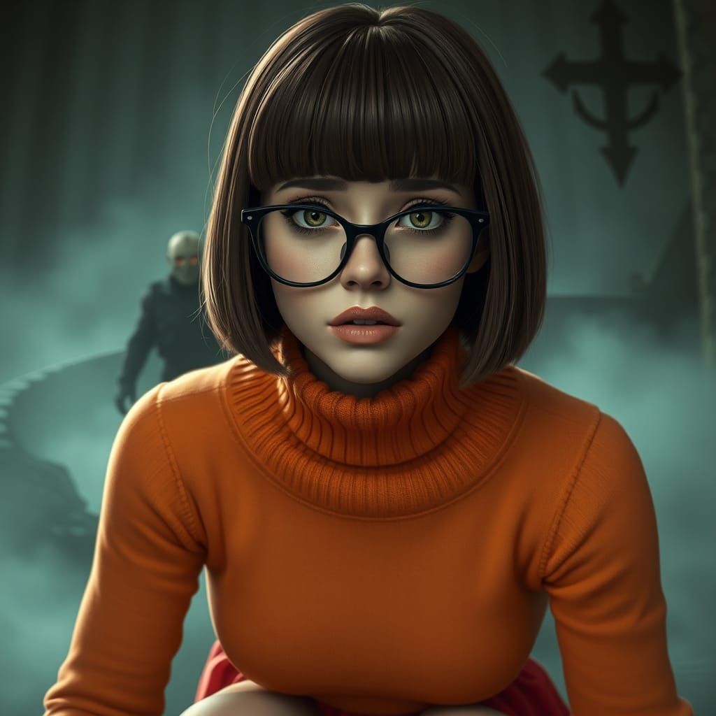 Velma Scared: 3D Render in Gothic Horror Style